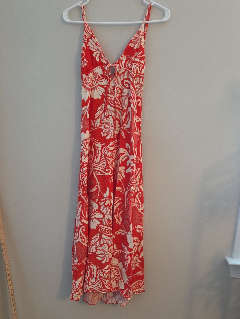 Red Floral Maxi Slip Dress with Cream Floral Print and V-Neckline